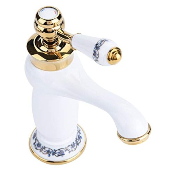 Céramique Antique en Laiton Robinet De La Salle De Bains Évier Robinet Bleu Et Blanc en Porcelaine À Long Cou Vintage Robinet De Lavabo Mitigeur Cuisine Robinet d'eau Froide Robinet(Blanc) – Image 7