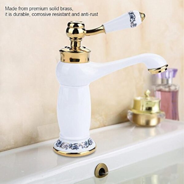 Céramique Antique en Laiton Robinet De La Salle De Bains Évier Robinet Bleu Et Blanc en Porcelaine À Long Cou Vintage Robinet De Lavabo Mitigeur Cuisine Robinet d'eau Froide Robinet(Blanc) – Image 8