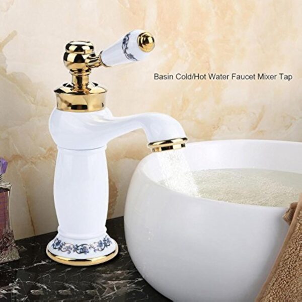 Céramique Antique en Laiton Robinet De La Salle De Bains Évier Robinet Bleu Et Blanc en Porcelaine À Long Cou Vintage Robinet De Lavabo Mitigeur Cuisine Robinet d'eau Froide Robinet(Blanc) – Image 9