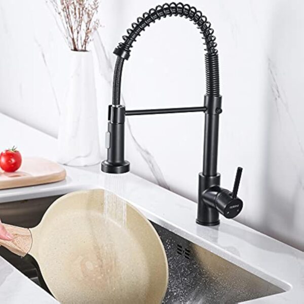 Cobbe KC05T023 Robinet de cuisine à col de cygne avec douchette extractible, robinet mitigeur à poignée unique en acier inoxydable (noir) – Image 3