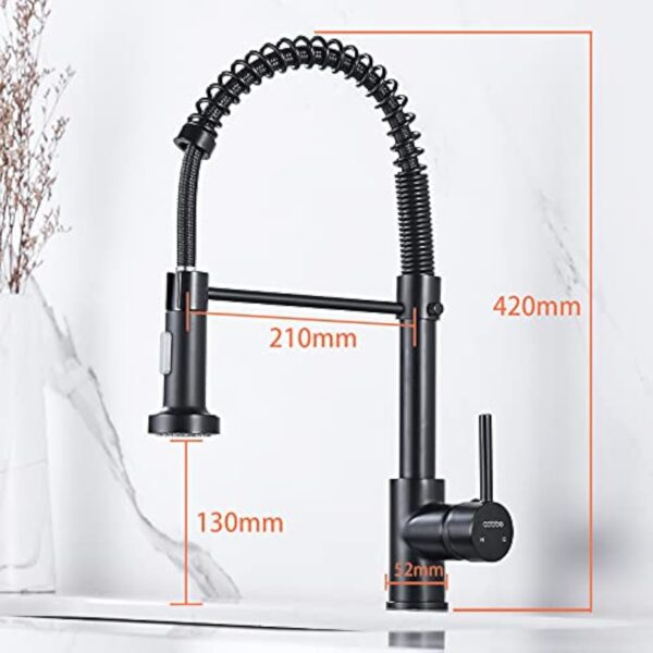 Cobbe KC05T023 Robinet de cuisine à col de cygne avec douchette extractible, robinet mitigeur à poignée unique en acier inoxydable (noir) – Image 4