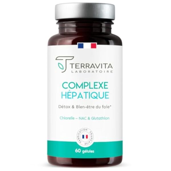 Complexe Hépatique | Glutathion + NAC + Chlorelle + Bétaïne | 4 Actifs Detox pour Protection et Régénération du Foie | Élimination des Toxines | 60 Gélules Vegan | Made in France | Terravita