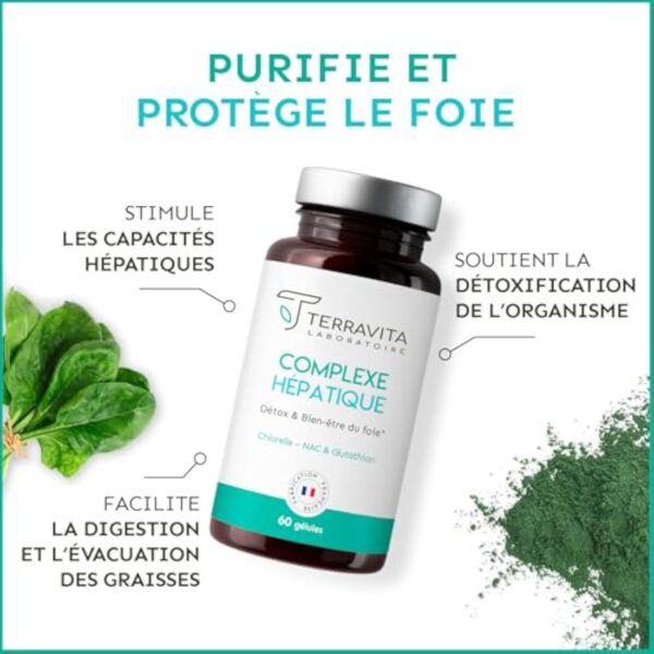 Complexe Hépatique | Glutathion + NAC + Chlorelle + Bétaïne | 4 Actifs Detox pour Protection et Régénération du Foie | Élimination des Toxines | 60 Gélules Vegan | Made in France | Terravita – Image 3