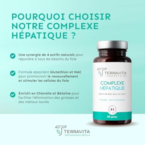 Complexe Hépatique | Glutathion + NAC + Chlorelle + Bétaïne | 4 Actifs Detox pour Protection et Régénération du Foie | Élimination des Toxines | 60 Gélules Vegan | Made in France | Terravita – Image 4