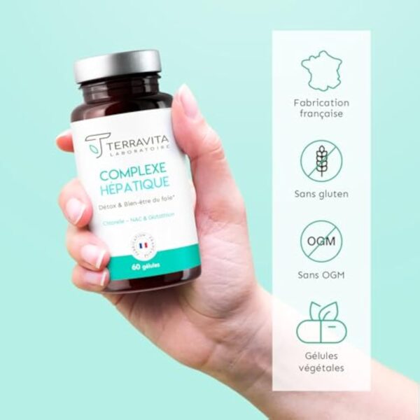 Complexe Hépatique | Glutathion + NAC + Chlorelle + Bétaïne | 4 Actifs Detox pour Protection et Régénération du Foie | Élimination des Toxines | 60 Gélules Vegan | Made in France | Terravita – Image 5