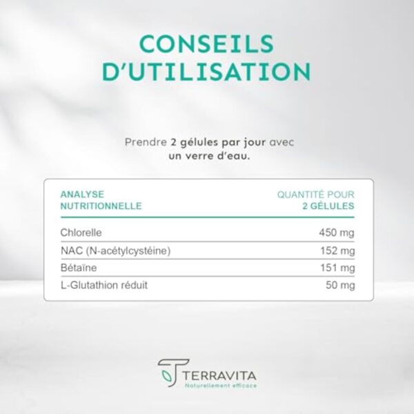 Complexe Hépatique | Glutathion + NAC + Chlorelle + Bétaïne | 4 Actifs Detox pour Protection et Régénération du Foie | Élimination des Toxines | 60 Gélules Vegan | Made in France | Terravita – Image 6