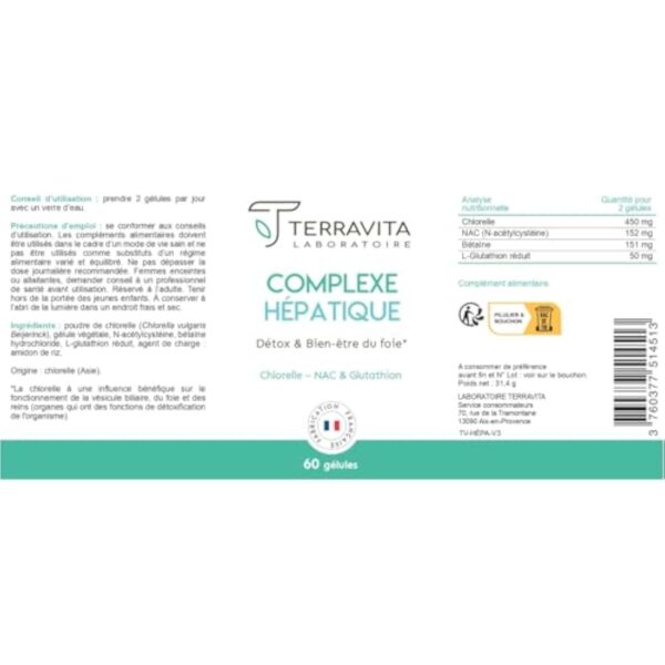Complexe Hépatique | Glutathion + NAC + Chlorelle + Bétaïne | 4 Actifs Detox pour Protection et Régénération du Foie | Élimination des Toxines | 60 Gélules Vegan | Made in France | Terravita – Image 8