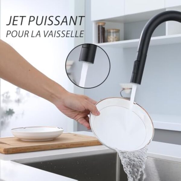 DILECI - Robinet de Cuisine avec Douchette Extractible – Mitigeur Bec Haut Pivotant 360° Noir Mat – Design Moderne Résistant à la Corrosion – Installation Facile et Fonctionnalité Optimale – Image 5