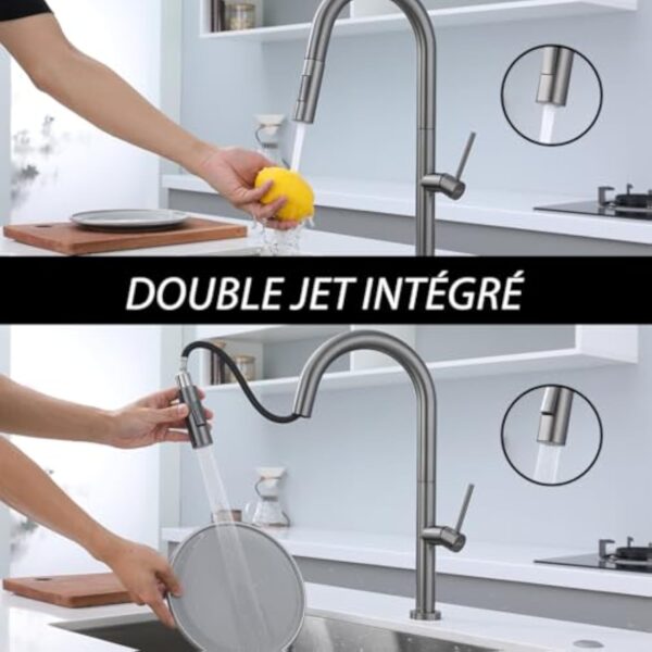 DILECI - Robinet de Cuisine avec Douchette Extractible – Mitigeur Bec Haut Pivotant 360° en Finition Gris Métallique - Jets Laminaire et Pluie – Installation Facile et Fonctionnalité Optimale – Image 6