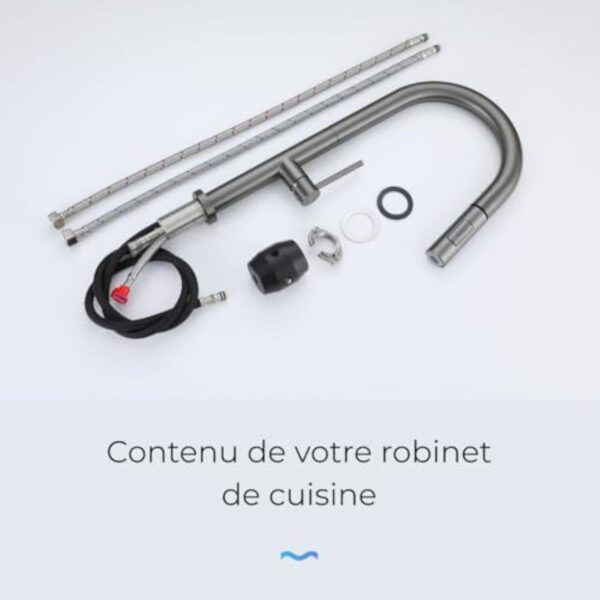 DILECI - Robinet de Cuisine avec Douchette Extractible – Mitigeur Bec Haut Pivotant 360° en Finition Gris Métallique - Jets Laminaire et Pluie – Installation Facile et Fonctionnalité Optimale – Image 7