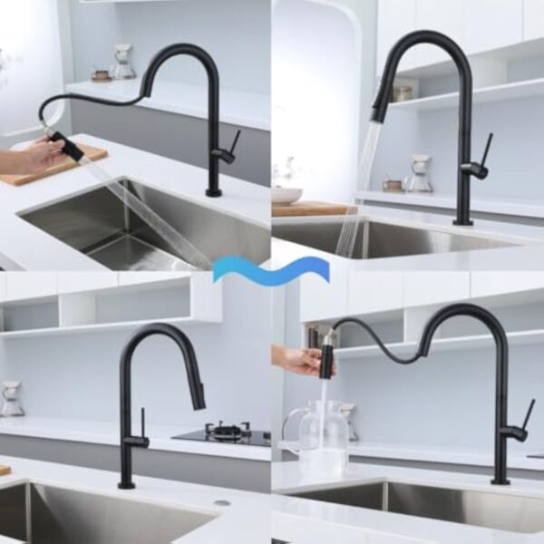 DILECI - Robinet de Cuisine avec Douchette Extractible – Mitigeur Bec Haut Pivotant 360° Noir Mat – Design Moderne Résistant à la Corrosion – Installation Facile et Fonctionnalité Optimale – Image 8