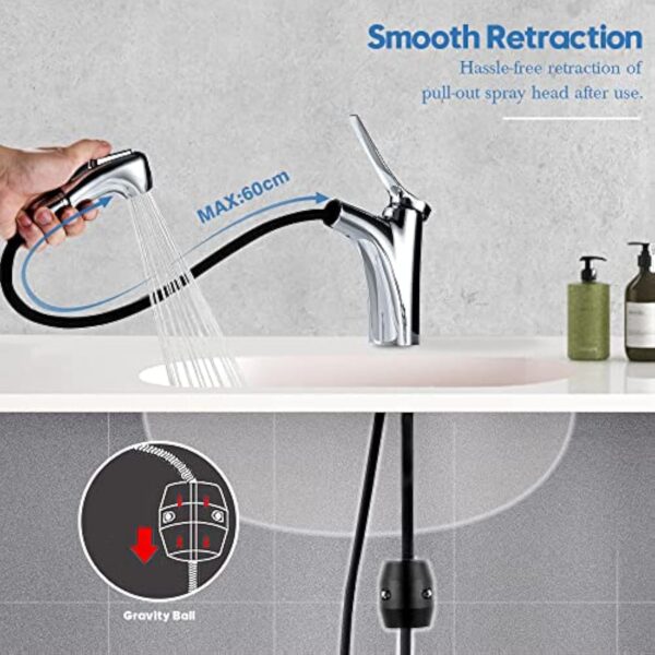 Decaura Robinet Salle de Bain Extractible avec 2 Mode D’écoulement D'eau Douchette Mitigeur Lavabo Monocommande - Chromé – Image 4