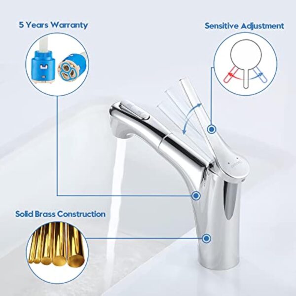 Decaura Robinet Salle de Bain Extractible avec 2 Mode D’écoulement D'eau Douchette Mitigeur Lavabo Monocommande - Chromé – Image 6