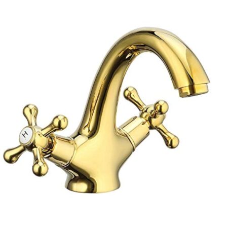 Denocel Robinets De Lavabo Mélangeur Vintage Double Poignée Robinet Mitigeur Lavabo En Laiton Blender Miroir Effet Doré Courbé