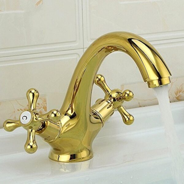 Denocel Robinets De Lavabo Mélangeur Vintage Double Poignée Robinet Mitigeur Lavabo En Laiton Blender Miroir Effet Doré Courbé – Image 3