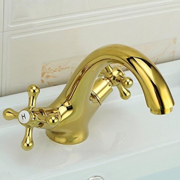 Denocel Robinets De Lavabo Mélangeur Vintage Double Poignée Robinet Mitigeur Lavabo En Laiton Blender Miroir Effet Doré Courbé – Image 4