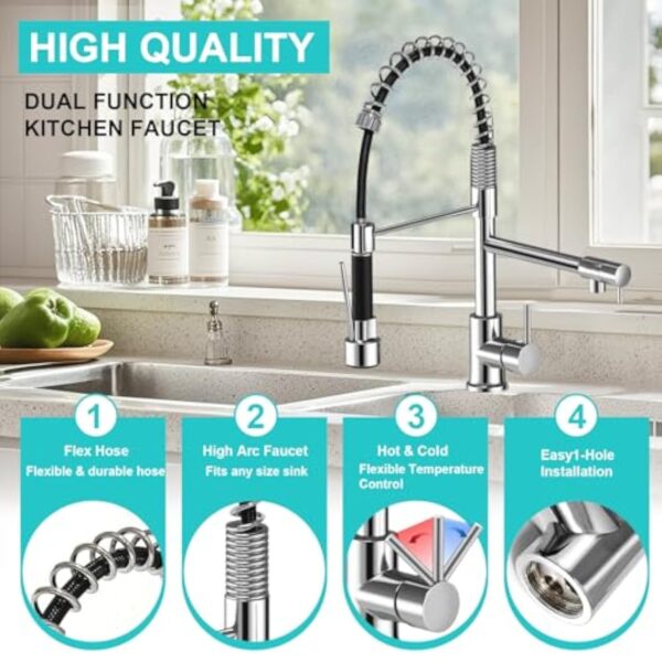 Discoball Robinet mitigeur d'évier de cuisine, rotation à 360 degrés, trou unique, avec douchette extractible, en acier brossé à double ressort – Image 4