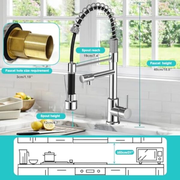 Discoball Robinet mitigeur d'évier de cuisine, rotation à 360 degrés, trou unique, avec douchette extractible, en acier brossé à double ressort – Image 5
