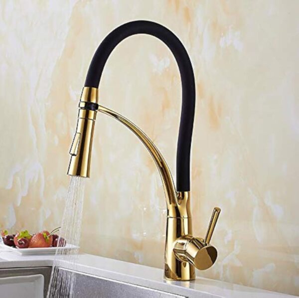 FHMING Robinet de cuisine extensible doré et noir avec douchette extractible - Mitigeur monocommande pivotant à 360° en laiton – Image 3