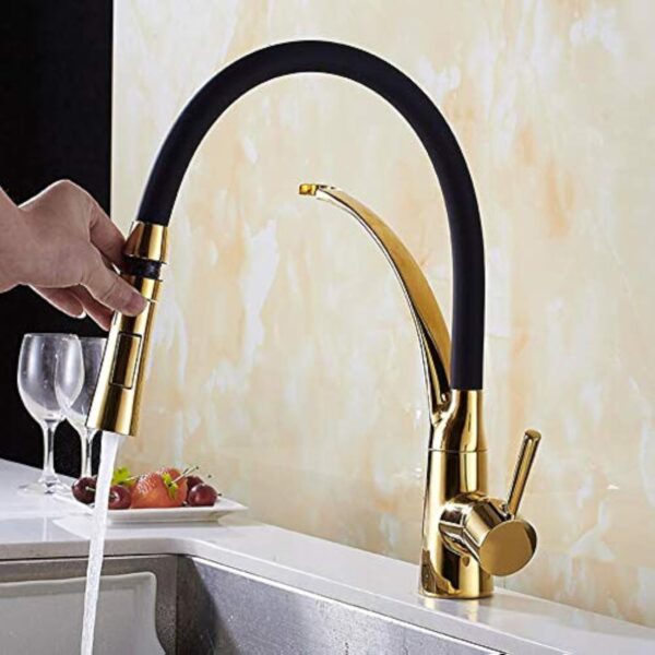 FHMING Robinet de cuisine extensible doré et noir avec douchette extractible - Mitigeur monocommande pivotant à 360° en laiton – Image 5