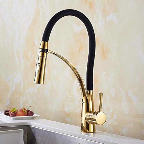 FHMING Robinet de cuisine extensible doré et noir avec douchette extractible - Mitigeur monocommande pivotant à 360° en laiton – Image 6