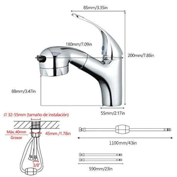 GAVAER Robinet Salle de Bain avec Douchette Extractible et Deux Modes D’écoulement D'eau, pour Salle Bain Lavabo ou Lavabo, Chaude et Froide Réglable Mitigeur Lavabo,Chromé – Image 4