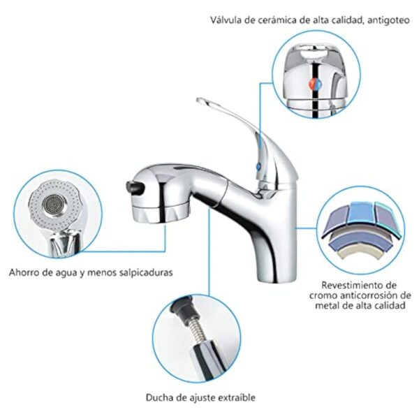 GAVAER Robinet Salle de Bain avec Douchette Extractible et Deux Modes D’écoulement D'eau, pour Salle Bain Lavabo ou Lavabo, Chaude et Froide Réglable Mitigeur Lavabo,Chromé – Image 6