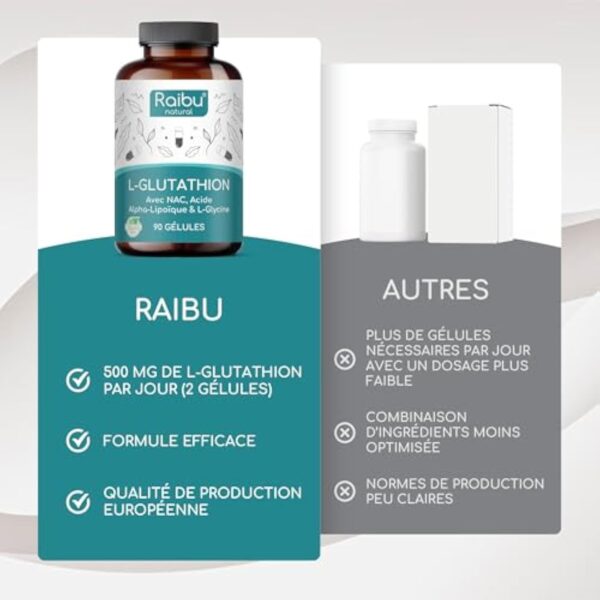 GLUTATHION Réduit à 98% - L-Glutathion avec Précurseurs dont NAC, Acide Alpha-Lipoïque & L-Glycine - Obtenu par Fermentation - Antioxydant - 500 mg Haute Dose - 90 Gélules Végétaliennes – Image 5