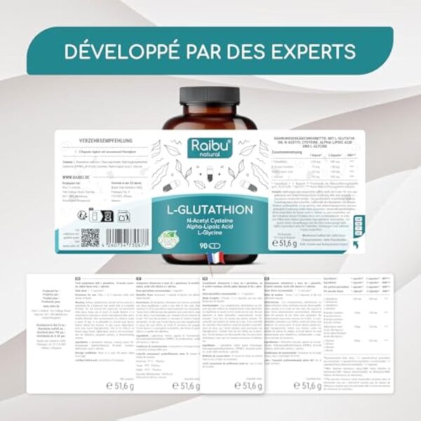 GLUTATHION Réduit à 98% - L-Glutathion avec Précurseurs dont NAC, Acide Alpha-Lipoïque & L-Glycine - Obtenu par Fermentation - Antioxydant - 500 mg Haute Dose - 90 Gélules Végétaliennes – Image 7