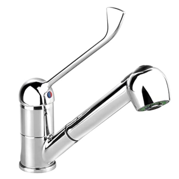 GOLDMAN SERVICE Robinet de cuisine extractible avec douchette - Mitigeur gérontologique coude à levier long - Usage domestique médical santé hôpitaux laboratoires hôtellerie – Image 2