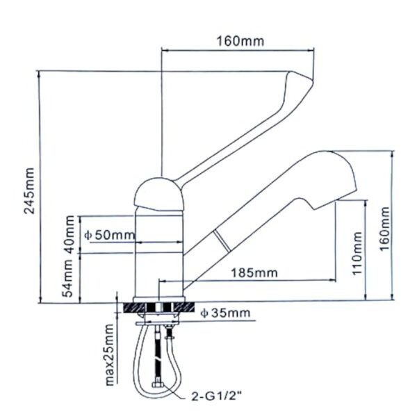 GOLDMAN SERVICE Robinet de cuisine extractible avec douchette - Mitigeur gérontologique coude à levier long - Usage domestique médical santé hôpitaux laboratoires hôtellerie – Image 3