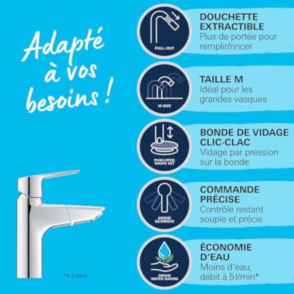 GROHE QUICKFIX Start Mitigeur Monocommande Lavabo de Salle de bains, Douchette Extractible, Mousseur Economie d'Eau, Sans Tirette de Vidage, Taille M, Chromé, 24205003 (Import Allemagne) – Image 5