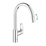 GROHE Start Flow QuickFix 30570000 Mitigeur d'évier de cuisine 1 levier avec fonction extractible (bec en C haut, zone pivotante à 360°, cartouche céramique 28 mm, queues 1/2", haute pression), taille