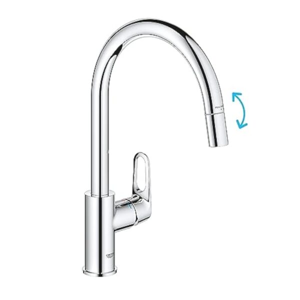GROHE Start Flow QuickFix 30570000 Mitigeur d'évier de cuisine 1 levier avec fonction extractible (bec en C haut, zone pivotante à 360°, cartouche céramique 28 mm, queues 1/2", haute pression), taille