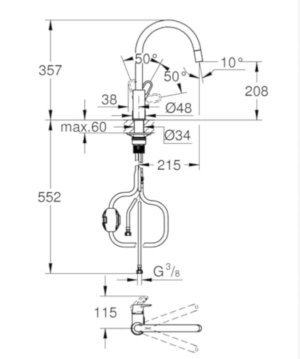 GROHE Start Flow Robinet de Cuisine, Mitigeur Monocommande Evier, Mousseur Extractible, Bec Haut, Zone de Rotation 360°, Chromé, 30569000 – Image 3