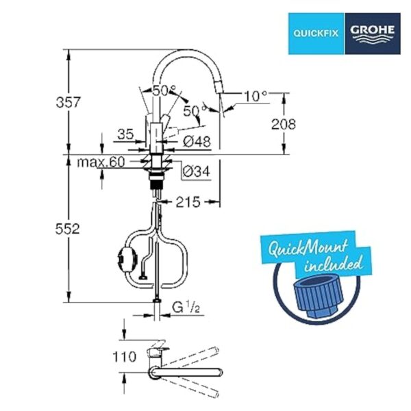GROHE Start Flow QuickFix 30570000 Mitigeur d'évier de cuisine 1 levier avec fonction extractible (bec en C haut, zone pivotante à 360°, cartouche céramique 28 mm, queues 1/2", haute pression), taille – Image 4