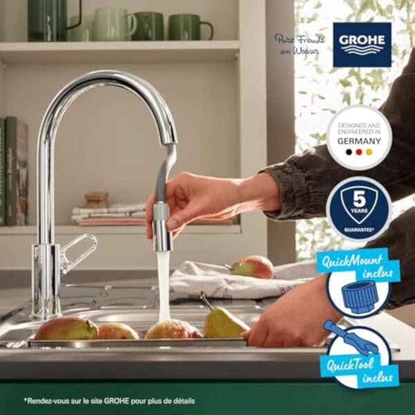 GROHE Start Flow Robinet de Cuisine, Mitigeur Monocommande Evier, Mousseur Extractible, Bec Haut, Zone de Rotation 360°, Chromé, 30569000 – Image 4