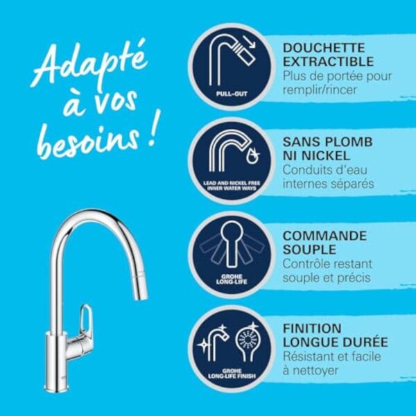 GROHE Start Flow Robinet de Cuisine, Mitigeur Monocommande Evier, Mousseur Extractible, Bec Haut, Zone de Rotation 360°, Chromé, 30569000 – Image 6
