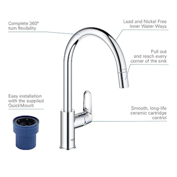 GROHE Start Flow QuickFix 30570000 Mitigeur d'évier de cuisine 1 levier avec fonction extractible (bec en C haut, zone pivotante à 360°, cartouche céramique 28 mm, queues 1/2", haute pression), taille – Image 7