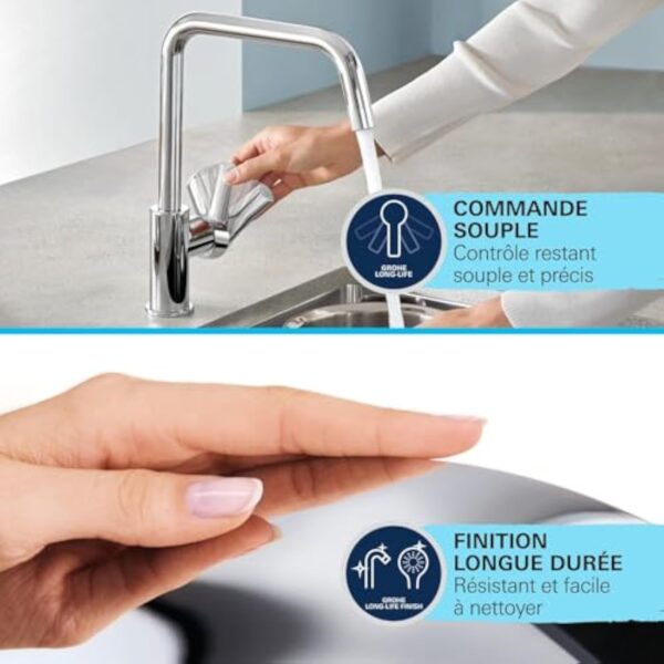 GROHE Start Flow Robinet de Cuisine, Mitigeur Monocommande Evier, Mousseur Extractible, Bec Haut, Zone de Rotation 360°, Chromé, 30569000 – Image 8