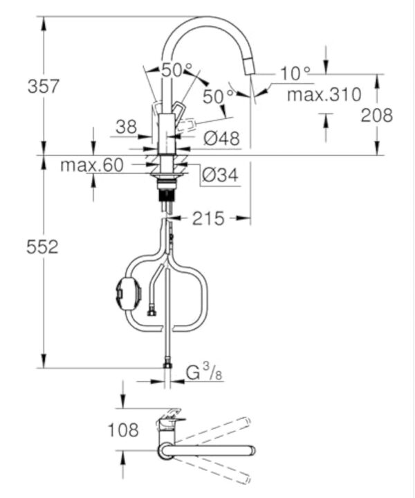 GROHE StartLoop Robinet de Cuisine, Mitigeur Monocommande Evier, Mousseur Extractible, Bec Haut, Zone de Rotation 360°, Chromé, 30556000 – Image 4