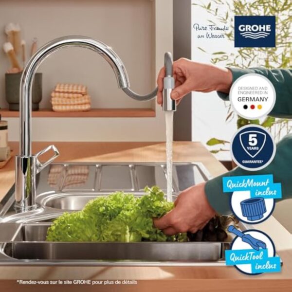 GROHE StartLoop Robinet de Cuisine, Mitigeur Monocommande Evier, Mousseur Extractible, Bec Haut, Zone de Rotation 360°, Chromé, 30556000 – Image 5