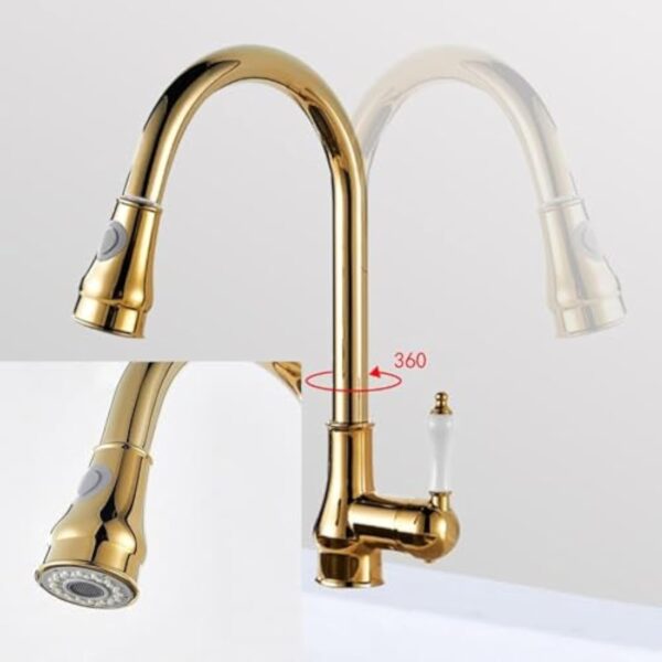 Generic Robinet d'évier de cuisine vintage avec douchette extractible, bec pivotant à 360°, finition chromée, laiton avec composants en céramique – Image 3