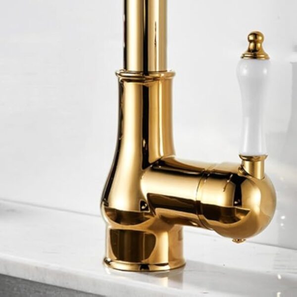 Generic Robinet d'évier de cuisine vintage avec douchette extractible, bec pivotant à 360°, finition chromée, laiton avec composants en céramique – Image 7