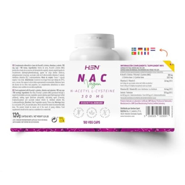 HSN NAC (N-Acétyl-L-Cystéine) 300 mg | 180 Gélules Végétales | Formule enrichie en Vitamine E, Riboflavine et Sélénium | Non-OGM, Végane, Sans Gluten – Image 3