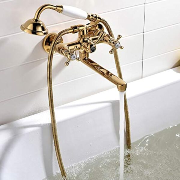 HomeLava Robinet de baignoire rétro - Robinet de salle de bain - Robinet rétro - Mitigeur à deux poignées - Doré - Pour baignoire – Image 5