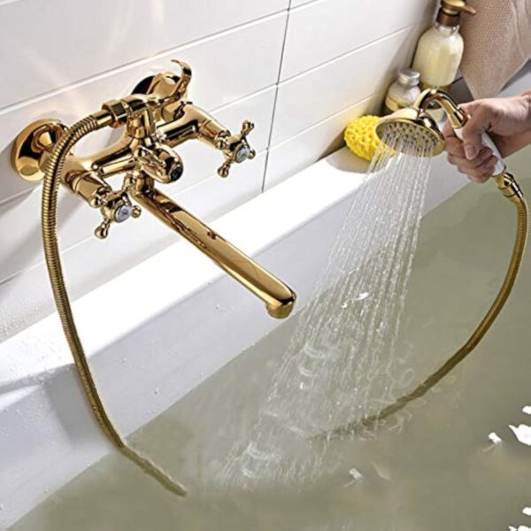 HomeLava Robinet de baignoire rétro - Robinet de salle de bain - Robinet rétro - Mitigeur à deux poignées - Doré - Pour baignoire – Image 7