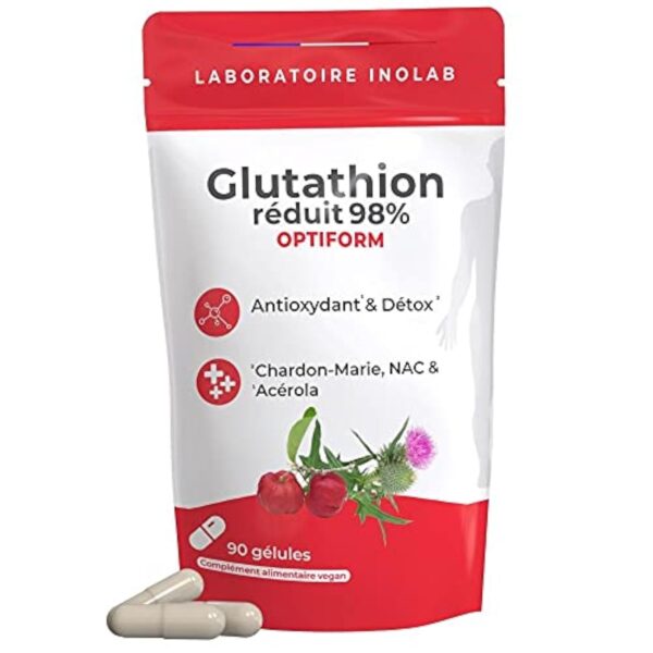 INOLAB Glutathion 400mg NAC Chardon Marie Acérola -Gélules GASTRO RESISTANTES Assimialtion optimisée- Glutathion à fermentation Naturelle - Détox, Immunité -OPTIFORM