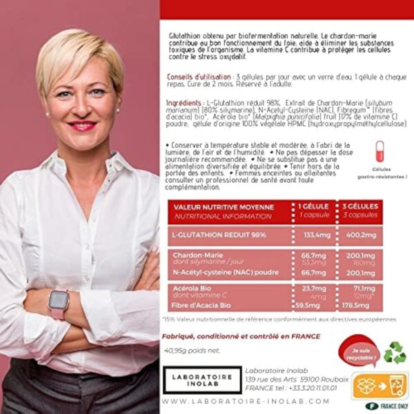 INOLAB Glutathion 400mg NAC Chardon Marie Acérola -Gélules GASTRO RESISTANTES Assimialtion optimisée- Glutathion à fermentation Naturelle - Détox, Immunité -OPTIFORM – Image 6