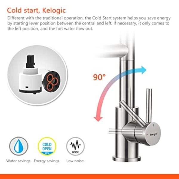 Ibergrif Mitigeur Robinet Cuisine avec Douchette 2 Jets 360° Pivotant, Double Bec Professionnel, 2 Modes Pulvérisation, Arc Élevé Acier Inox Économe en Eau, Design Moderne, M22144A – Image 5